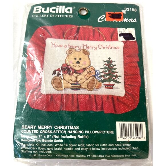 Bucilla Christmas Cross Stitch Kit "Beary Merry Christmas" Teddy Bear Wall Hangi - Picture 2 of 4
